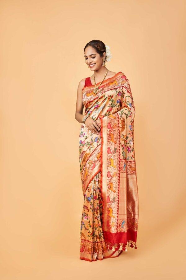 Red Shikargah Banarasi Saree in Gold Tissue