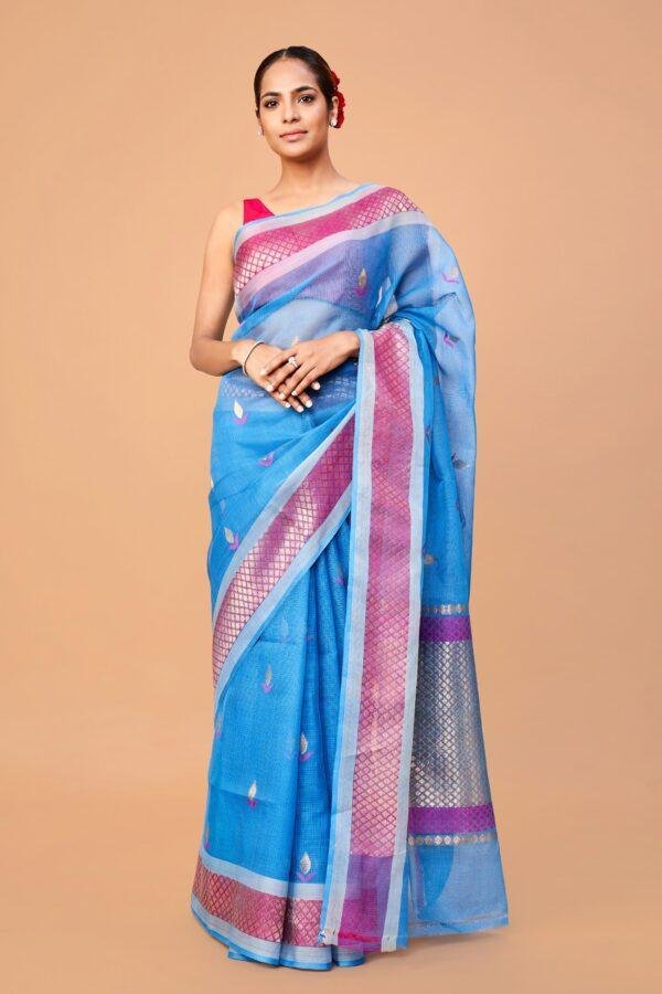 Blue Single Tissue Motif Zari Kota Saree