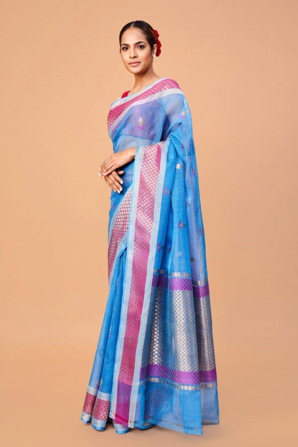 Blue Single Tissue Motif Zari Kota Saree - Image 3