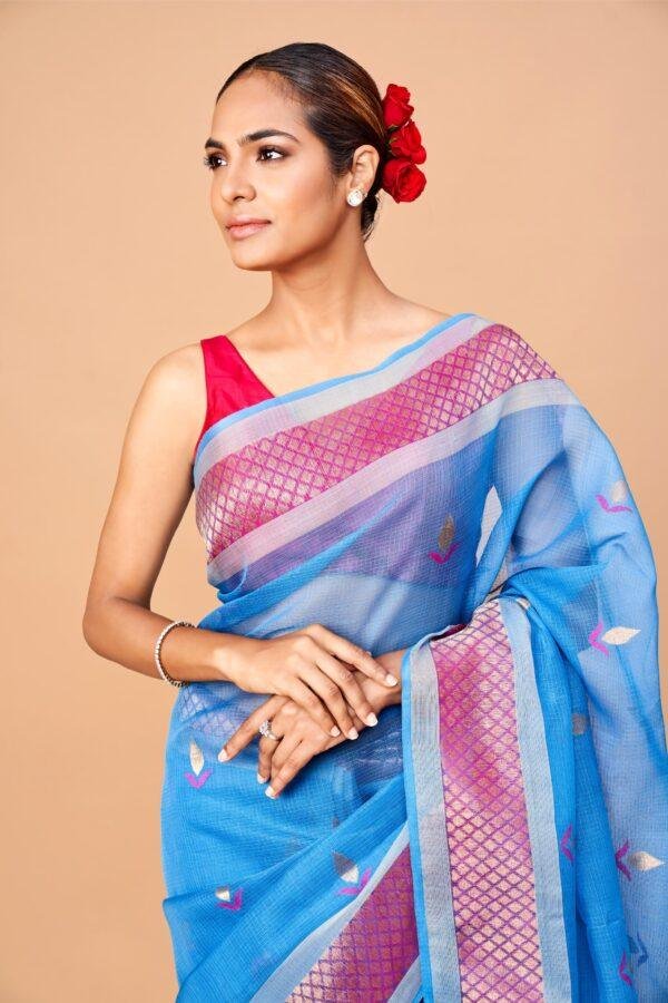 Blue Single Tissue Motif Zari Kota Saree - Image 4