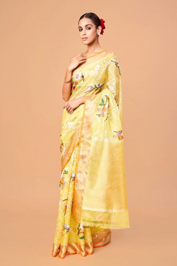 Yellow Single Tissue Zari Kota Saree - Image 3