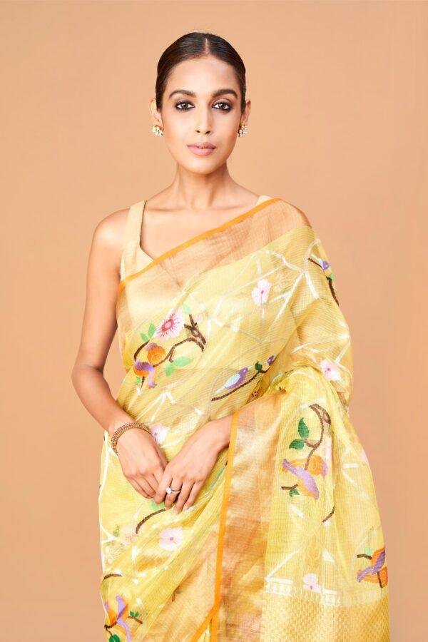 Yellow Single Tissue Zari Kota Saree - Image 2