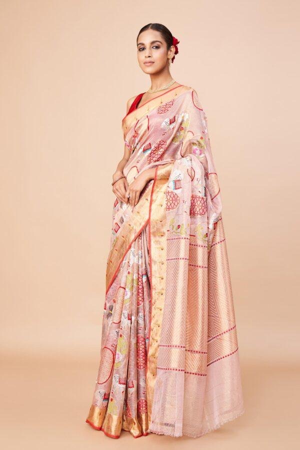 Light Pink single tissue Zari Kota Saree - Image 3