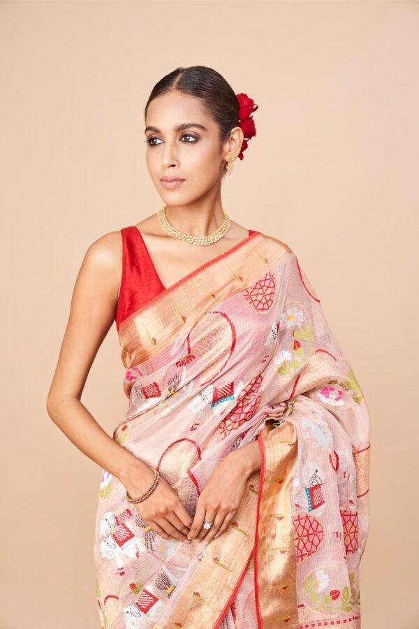 Light Pink single tissue Zari Kota Saree - Image 4