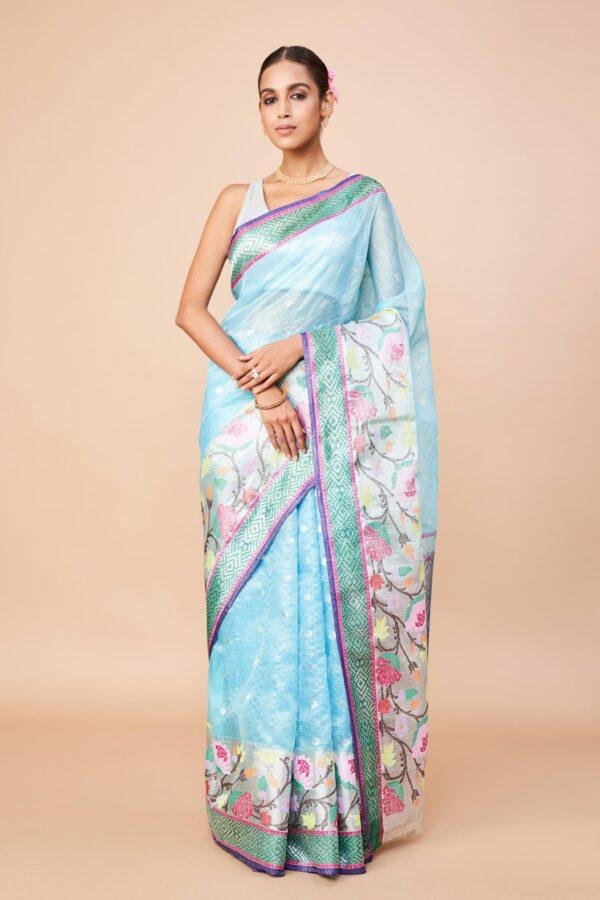 Light Blue Single Tissue Zari Kota Saree