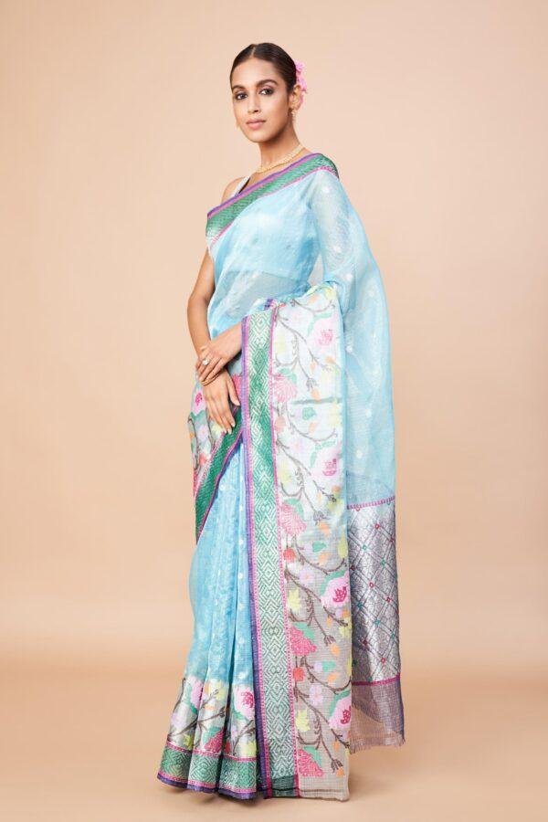 Light Blue Single Tissue Zari Kota Saree - Image 3