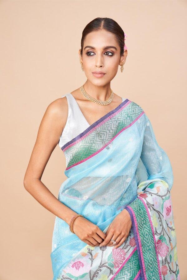 Light Blue Single Tissue Zari Kota Saree - Image 4