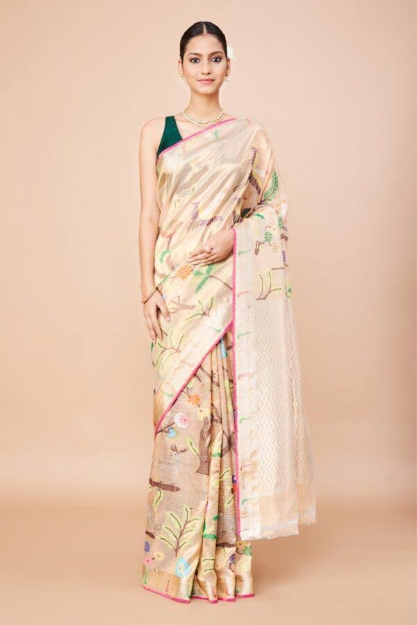Double Tissue flower and birds Zari Kota Saree