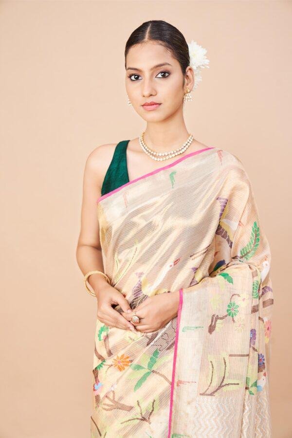 Double Tissue flower and birds Zari Kota Saree - Image 2