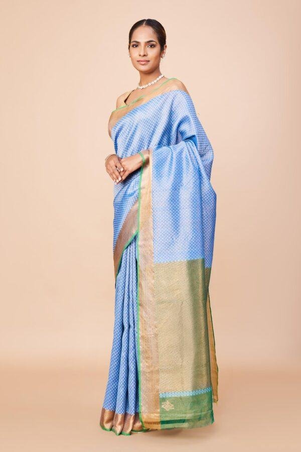 Blue Single Tissue Checks Zari Kota Saree - Image 3