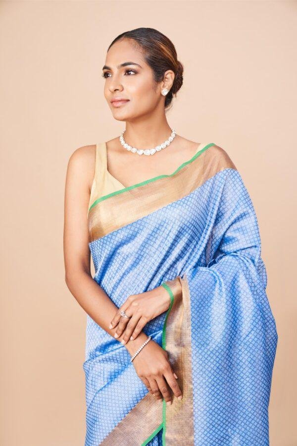 Blue Single Tissue Checks Zari Kota Saree - Image 2