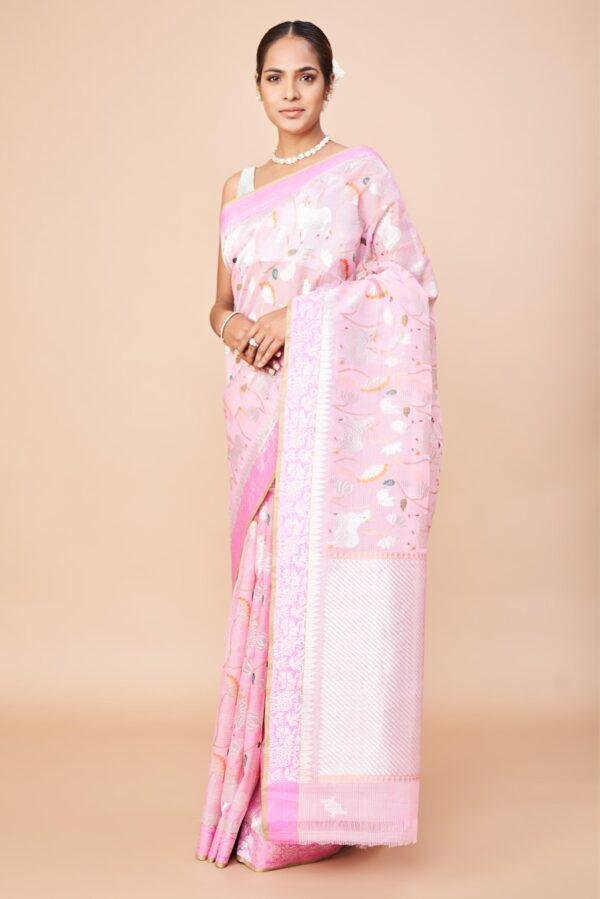 Baby Pink Pichwai Zari Kota Saree - Image 3