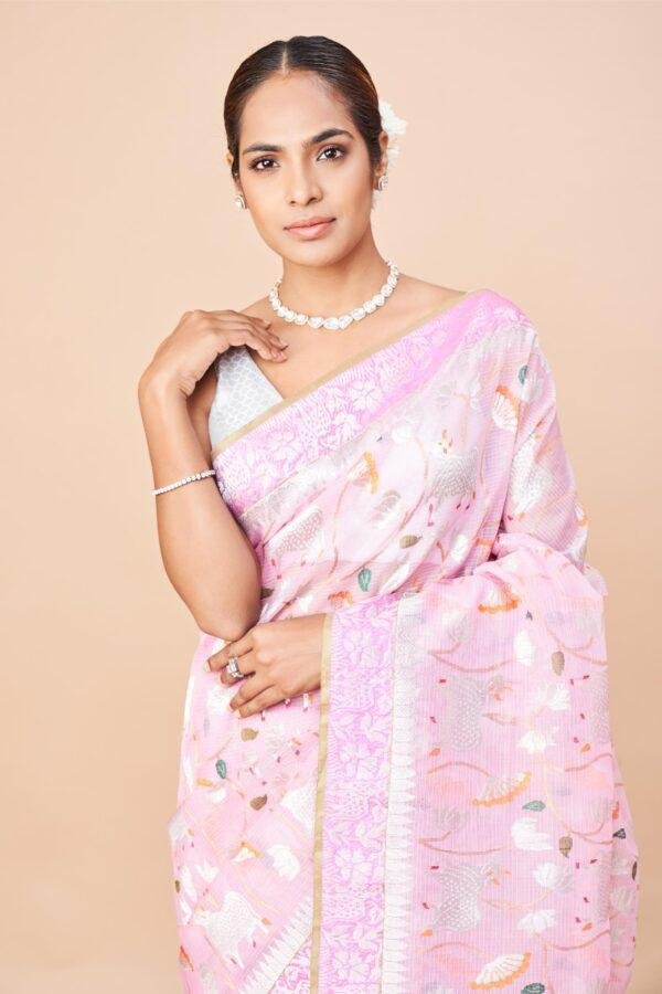 Baby Pink Pichwai Zari Kota Saree - Image 4